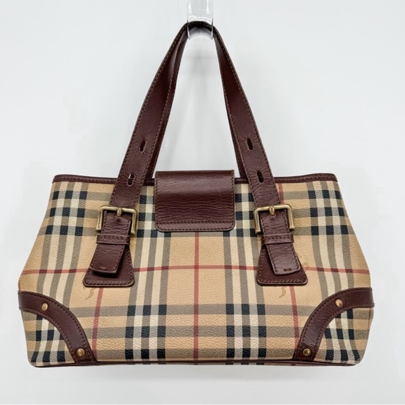 Burberry Bag Haymarket Nova Check Buckle Satchel Brown Leather Plaid - Picture 2 of 14